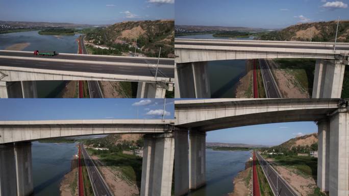山西旅游公路黄河4K航拍长城河曲桥上路面