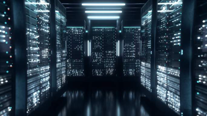 大数据、服务器室机房闪烁的灯光云端信息存