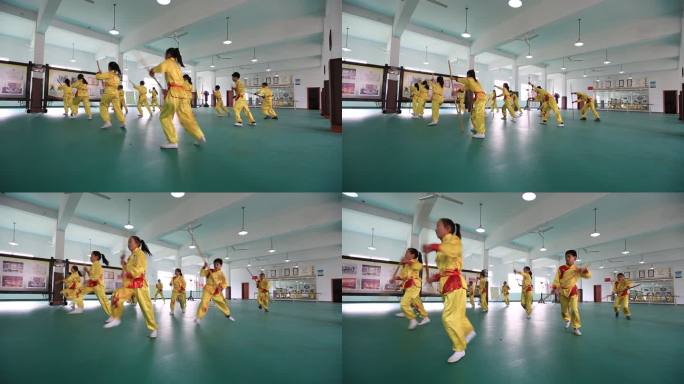 少年儿童学生孩子练习传统武术少林棍棒实拍