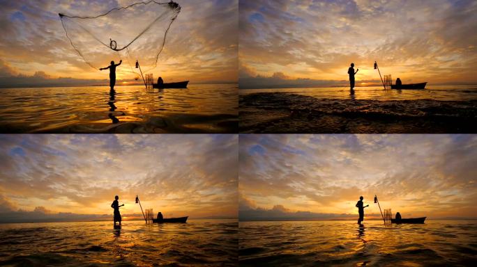 晨曦中工作的渔民的当地生活方式的慢镜头。