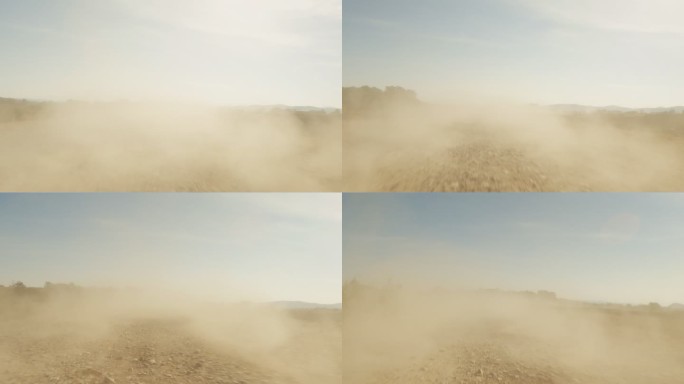 越野POV汽车驾驶：多尘赛道上的后视图