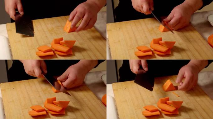 胡萝卜 菜刀 砧板 切块 刀