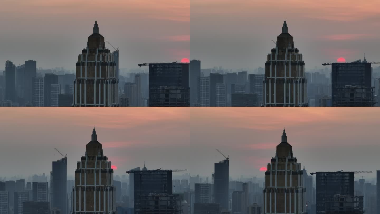 天悦外滩金融中心大厦顶日落夕阳长焦航拍