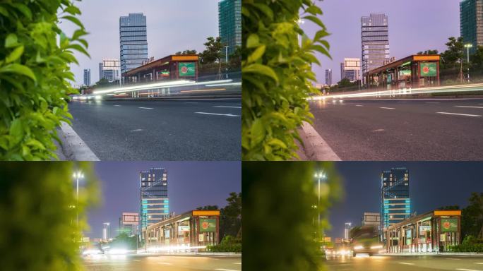 傍晚相机拍摄路口车流光轨延时照片