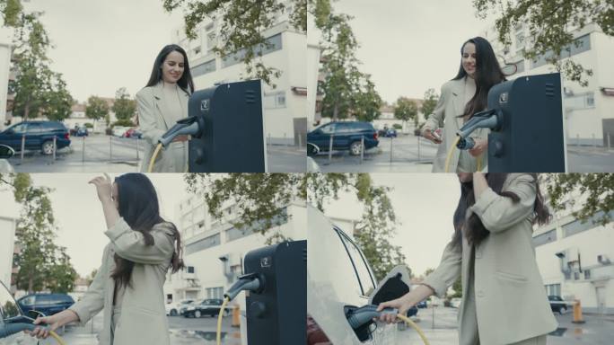 SLO-MO女士在电动汽车充电站为她的电动汽车充电进行移动支付