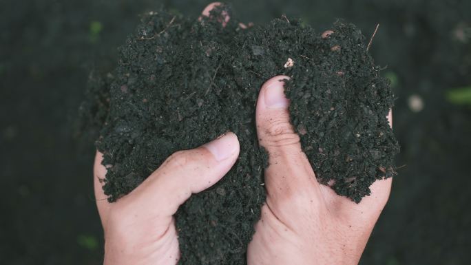 人工手持堆肥、有机土壤、天然肥料、农业和肥力概念