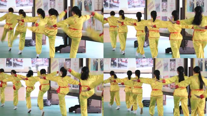 少年儿童学生孩子练习传统武术踢腿实拍素材