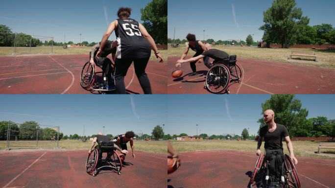 轮椅篮球运动员与教练在球场上练习