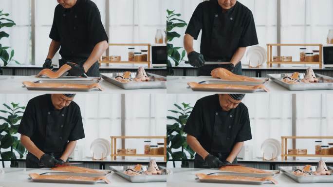 日本厨师正在切生三文鱼做寿司和生鱼片三文鱼