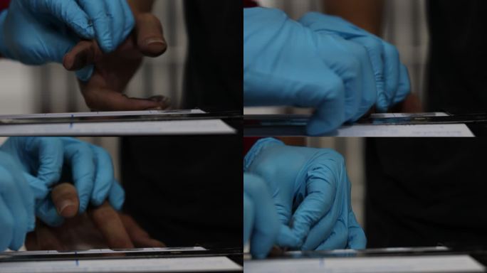 一名戴着蓝色橡胶手套的泰国警察的手的特写照片，正在打印指纹。