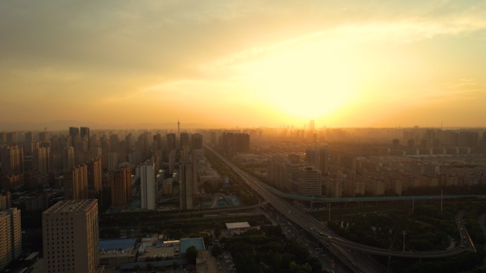 4k石家庄城市素材朦胧夕阳槐安路电视塔