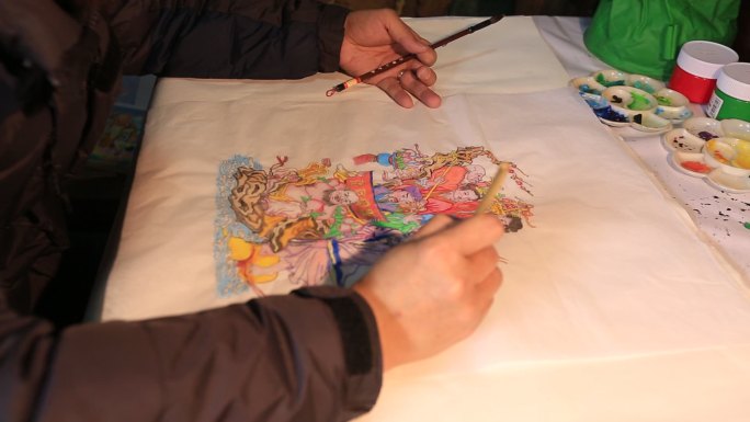 传统工匠画年画寿星财神实拍原素材
