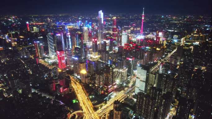 航拍广州珠江新城CBD大范围夜景