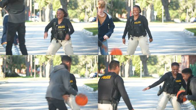 两名警察正在和两名年轻人打篮球