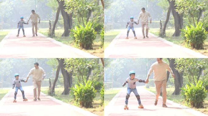 父亲正在公园里帮助儿子滑冰