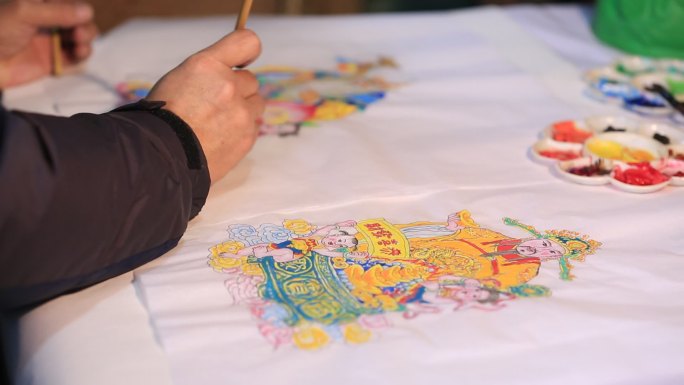 传统工匠手工绘制年画财神寿星实拍原素材