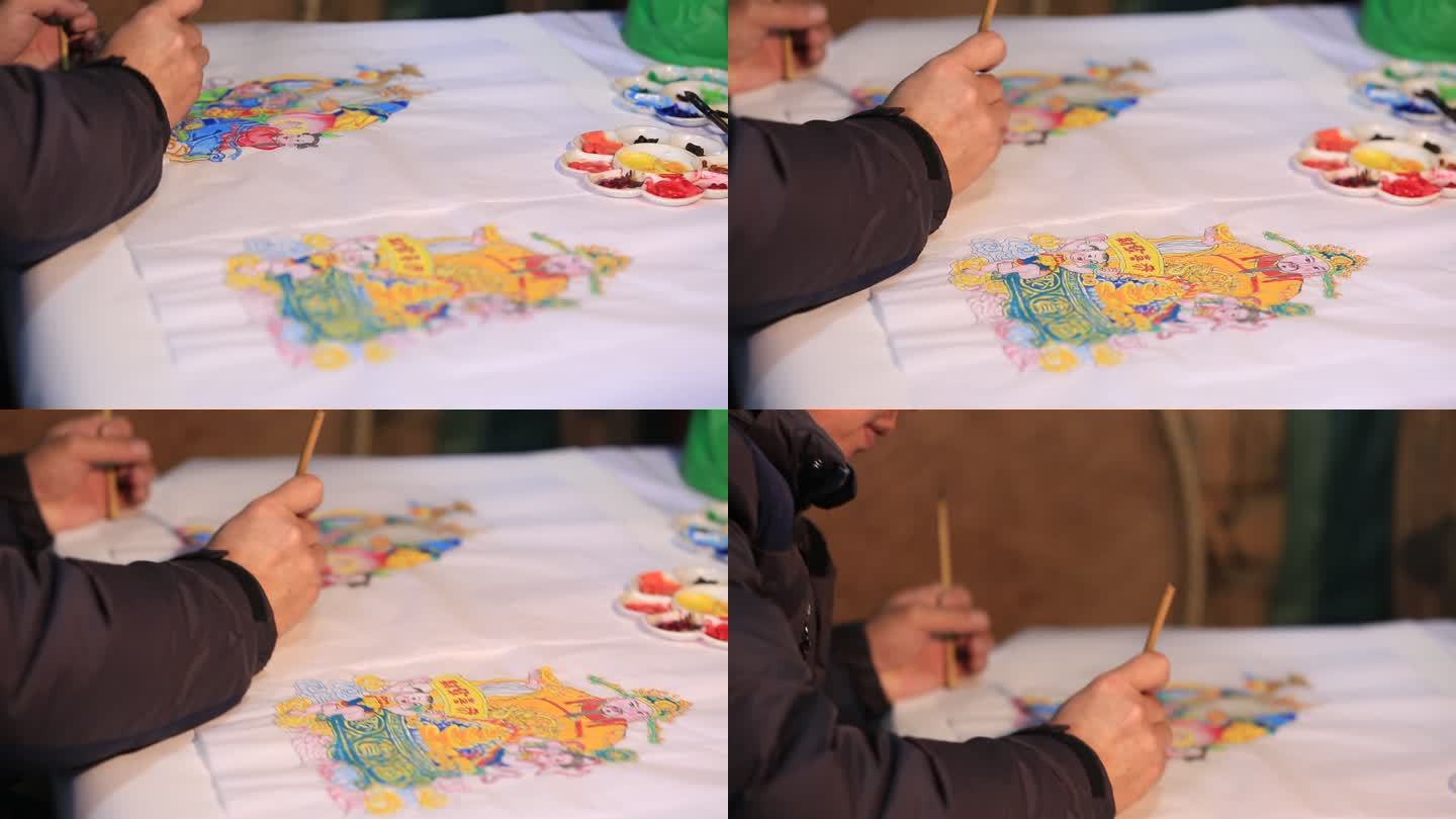 传统工匠手工绘制年画财神寿星实拍原素材