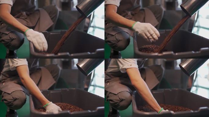 一名亚裔中国工匠在他的工厂里检查烘焙咖啡豆的去石过程，在冷却过程中旋转出来