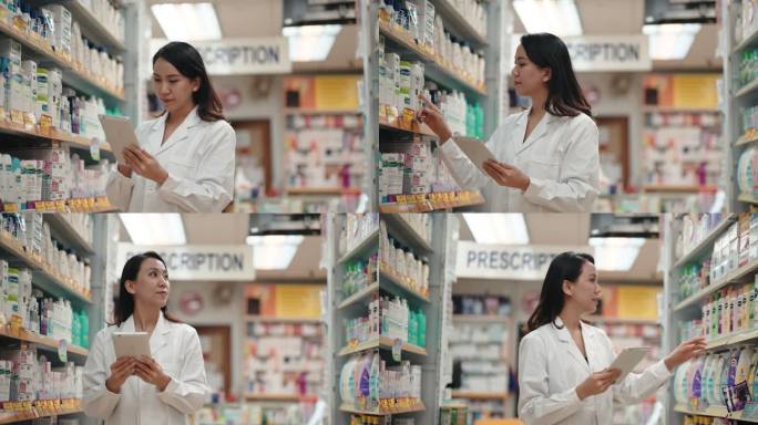 亚洲华人药剂师检查零售药房货架上的库存