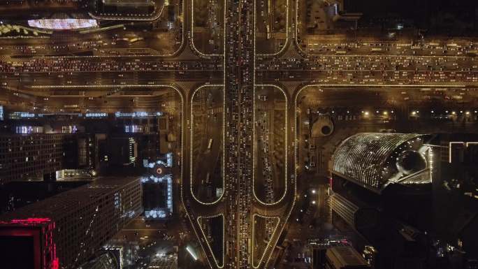 北京国贸CBD天桥航拍车流夜景