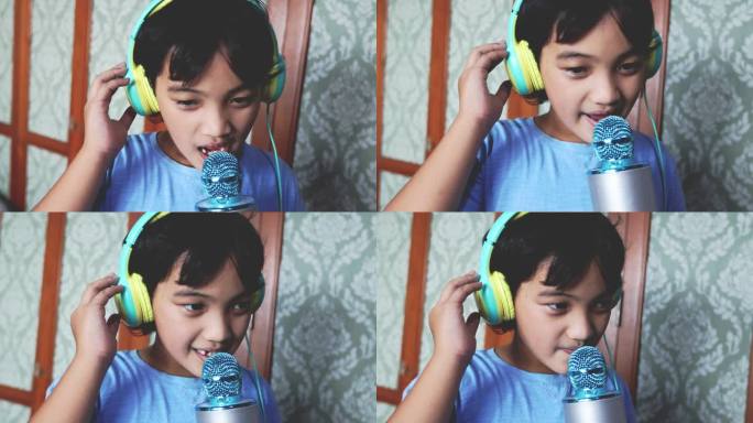 一个亚洲泰国男孩在客厅里用麦克风和耳机，穿着蓝色T恤唱卡拉OK的4K画面。这是一个简单的家庭乐趣的概