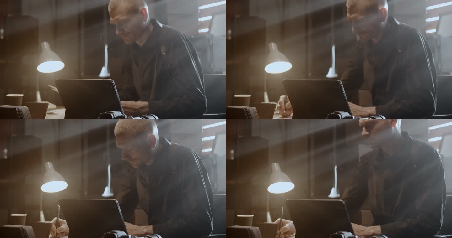 一个皱眉专注的男人正坐在桌子旁处理文件