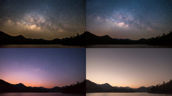 日出和清晨之前，天空中的湖、山和银河