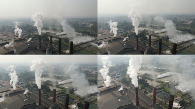 工厂烟囱烟雾、糖厂空气污染鸟瞰图