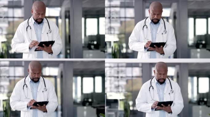 一位严肃的医生在工作时在数字平板电脑上检查医疗病例的4k视频片段