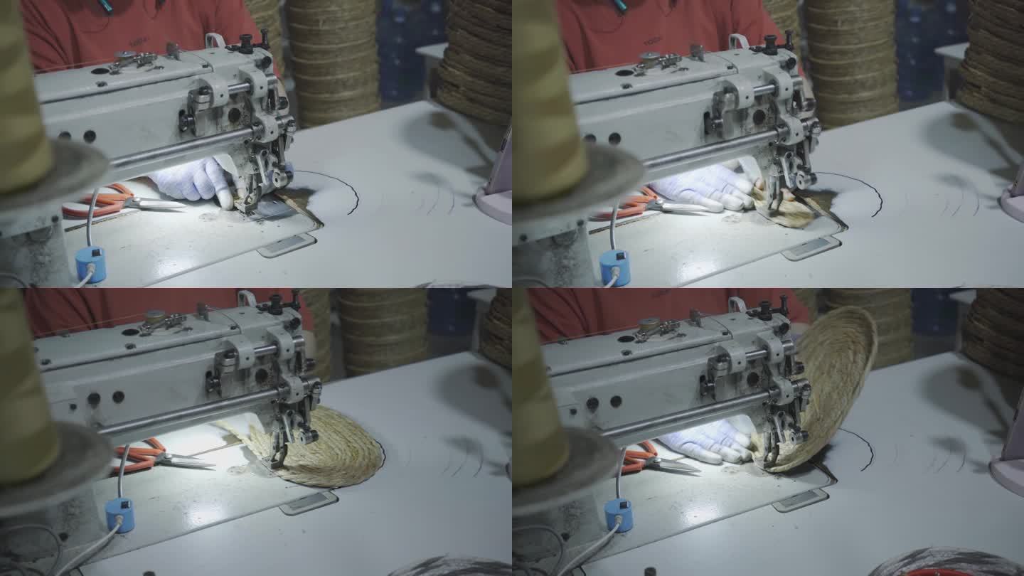 4K工人将蒲绳和布绳加工成小筐子实拍视频