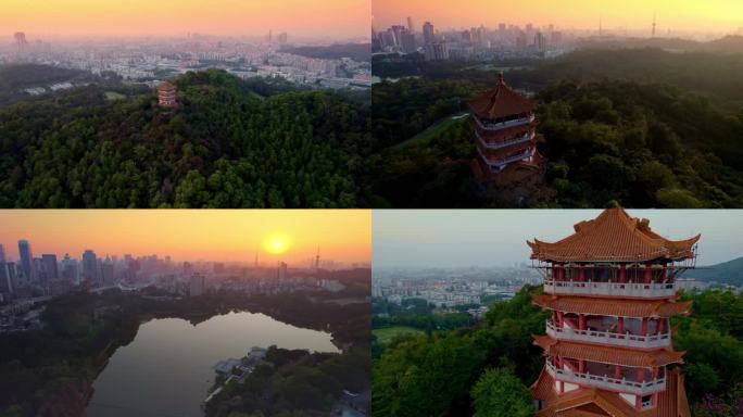 航拍夕阳下的麓湖鸿鹄塔和远眺远处城市景观