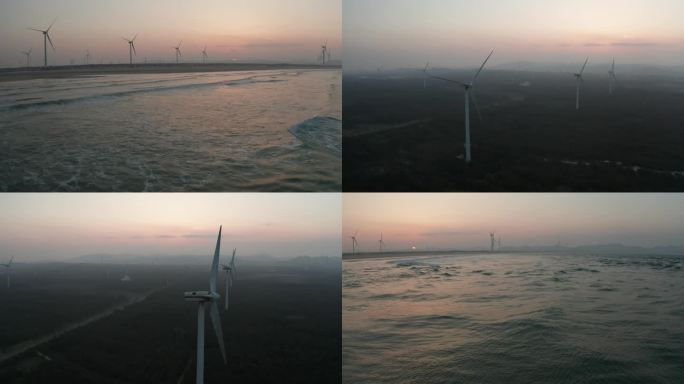 日落夕阳 海边风车航拍4K