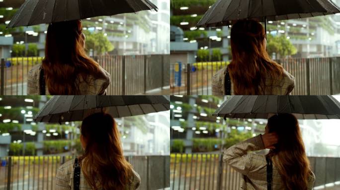 孤独的感觉，悲伤的女商人，撑着雨伞站在大雨中