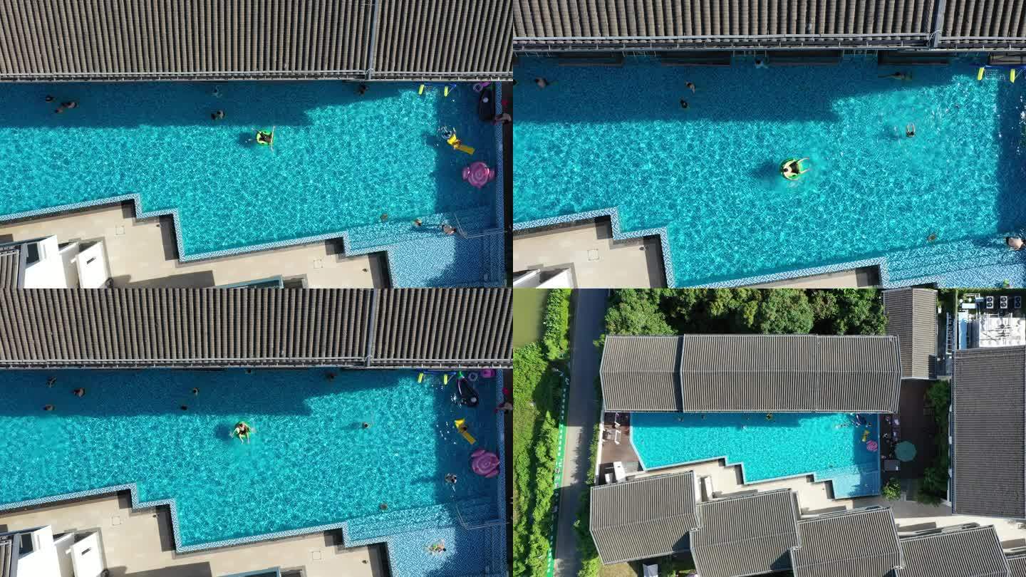 室外蓝色游泳泳池俯瞰航拍