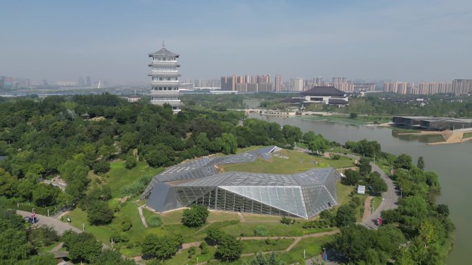 西安浐灞广运潭灞河生态区地铁航拍