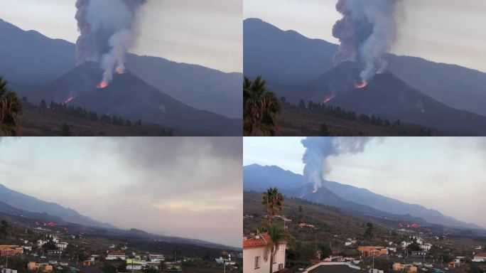 La Palma Cumbre Vieja火山全景，熔岩流摧毁了“El Paraíso”，大量灰烬从