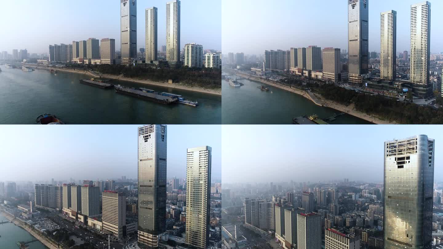 宜昌江水货轮城市4k航拍大景
