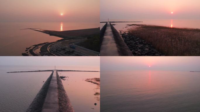 上海崇明海边日落堤坝4K航拍