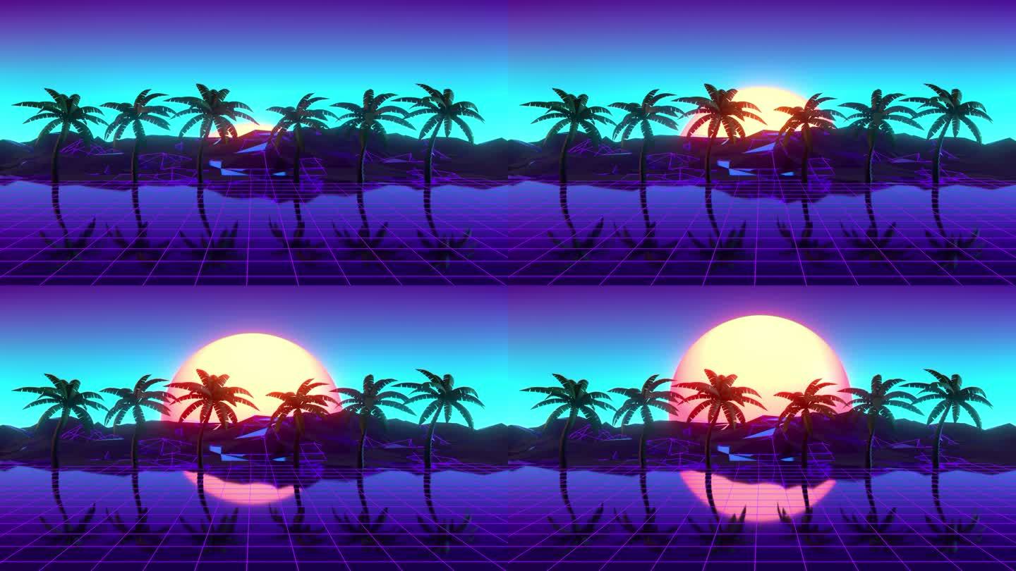 4K分辨率的棕榈滩背景霓虹灯彩色3D蒸汽景观设计