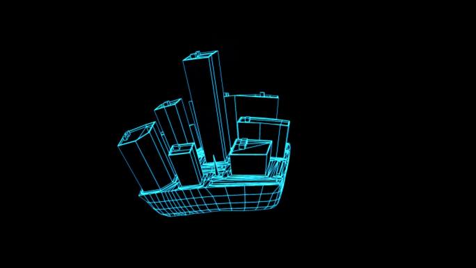 蓝色全息投影三维房屋地震动画素材带通道