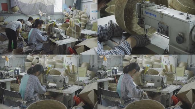 4K工人将蒲绳加工成筐子特写实拍视频