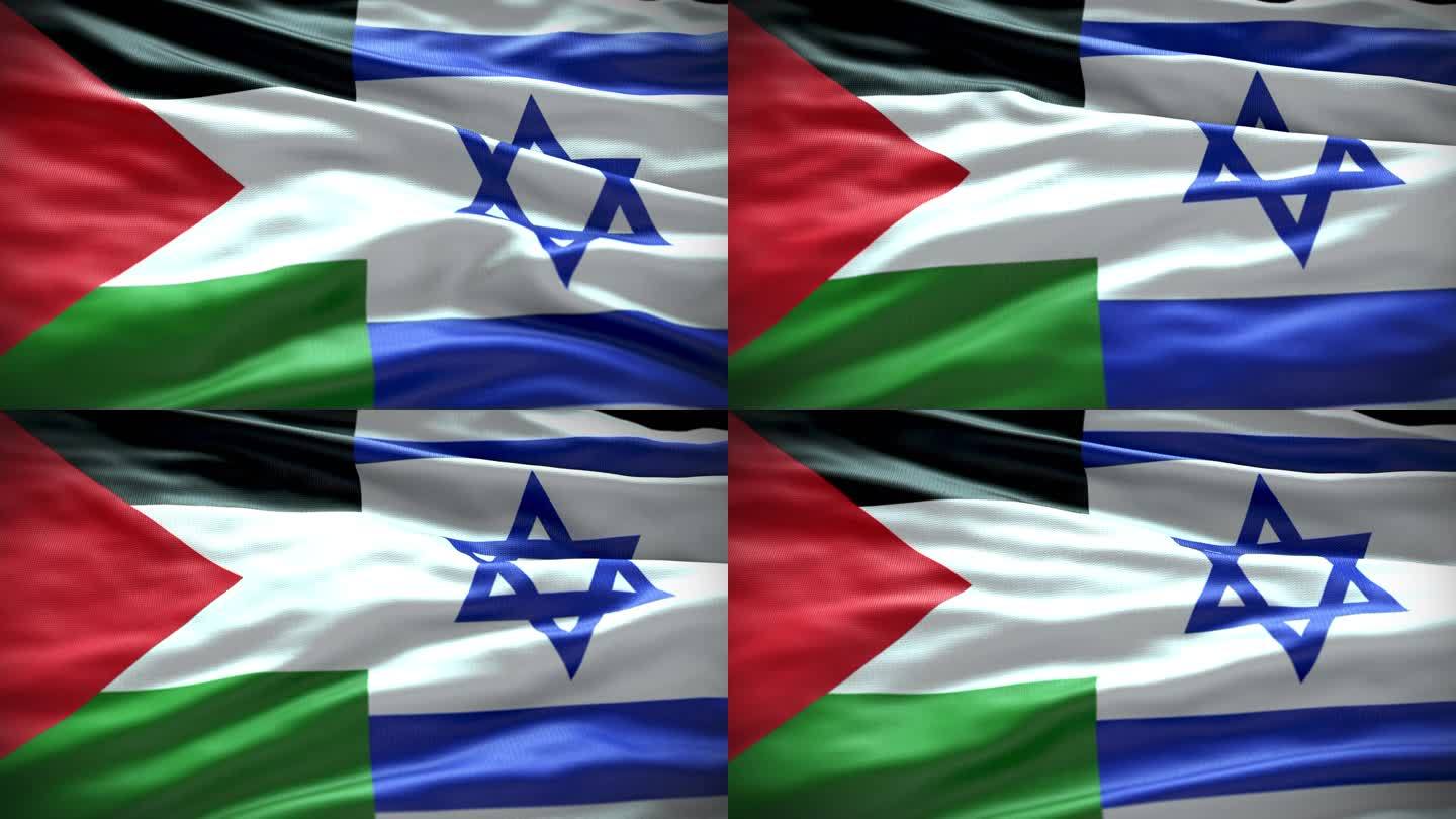 巴勒斯坦和以色列国旗，巴勒斯坦-以色列，加沙，Jaruselam，背景，全帧，特写，慢镜头，平滑挥动