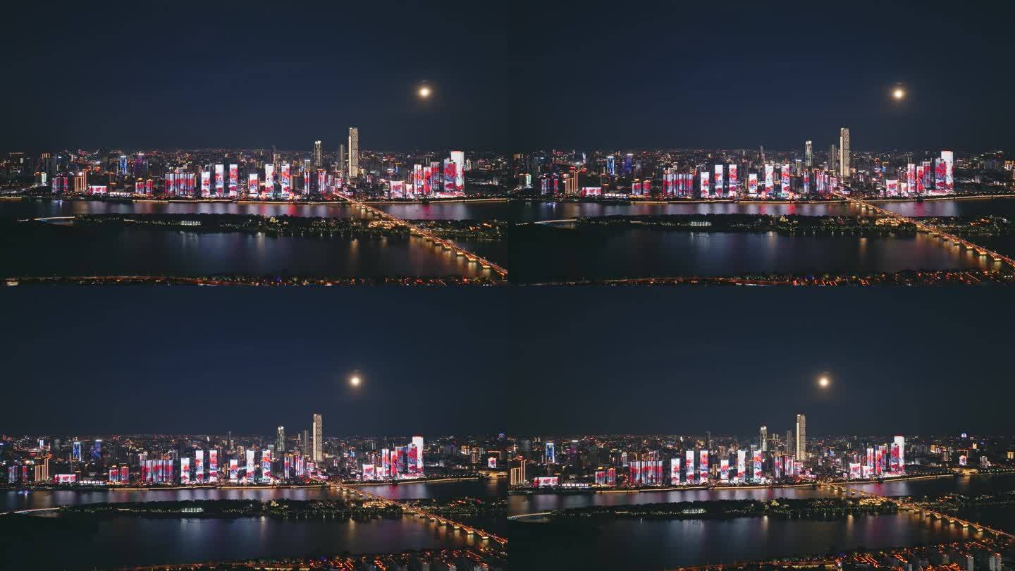 长沙夜景月亮航拍