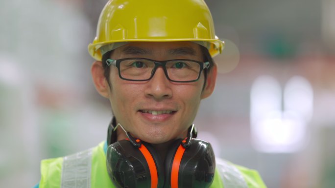 肖像：亚裔中国男性仓库工人，穿着防护服，微笑着看着摄像机