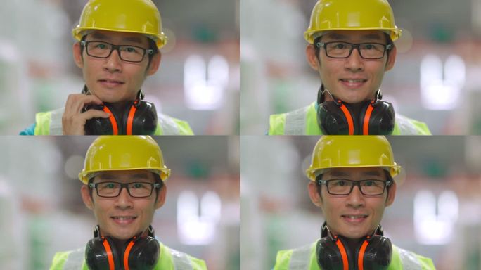 肖像：亚裔中国男性仓库工人，穿着防护服，微笑着看着摄像机