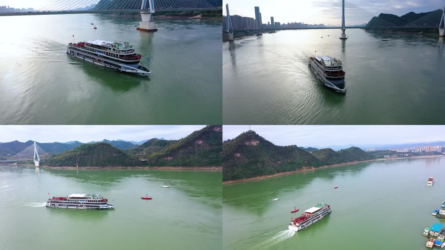 宜昌游轮在江上航行4K航拍大景