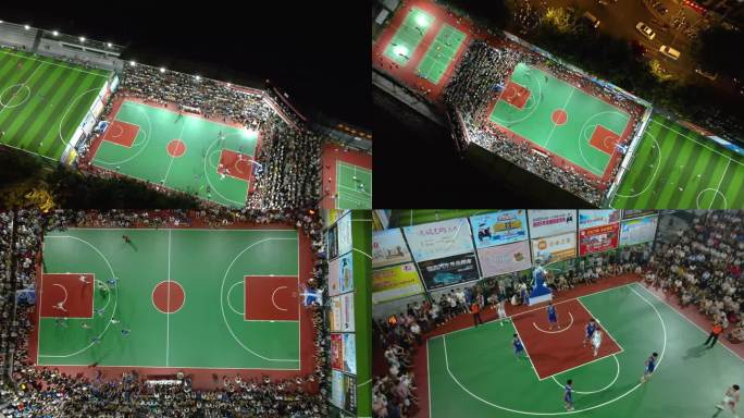 4K航拍晚上篮球足球比赛群众户外体育运动