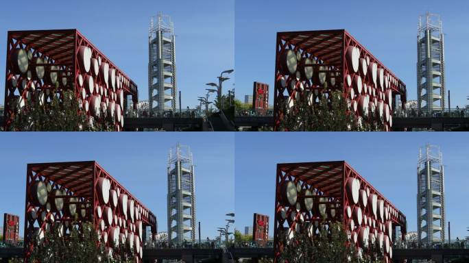 奥林匹克公园一角建筑装饰一排鼓全景摇镜头