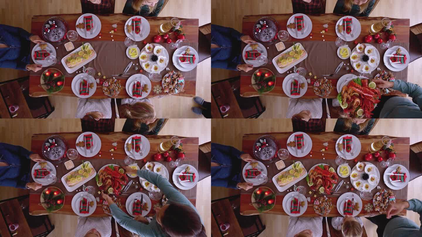 圣诞晚餐：三文鱼柳、扇贝、龙虾、虾和圣诞蛋糕
