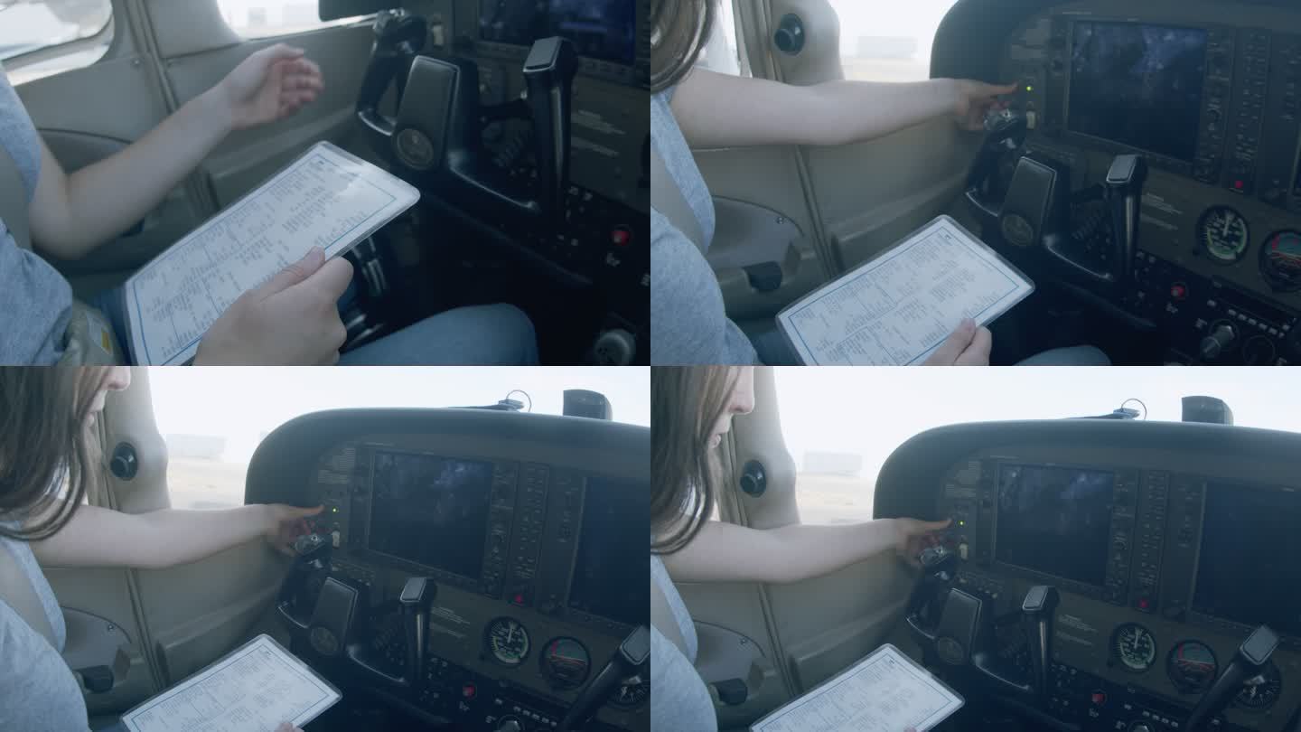 年轻的成年女飞行员在小型单引擎飞机上测试备用电池的电容